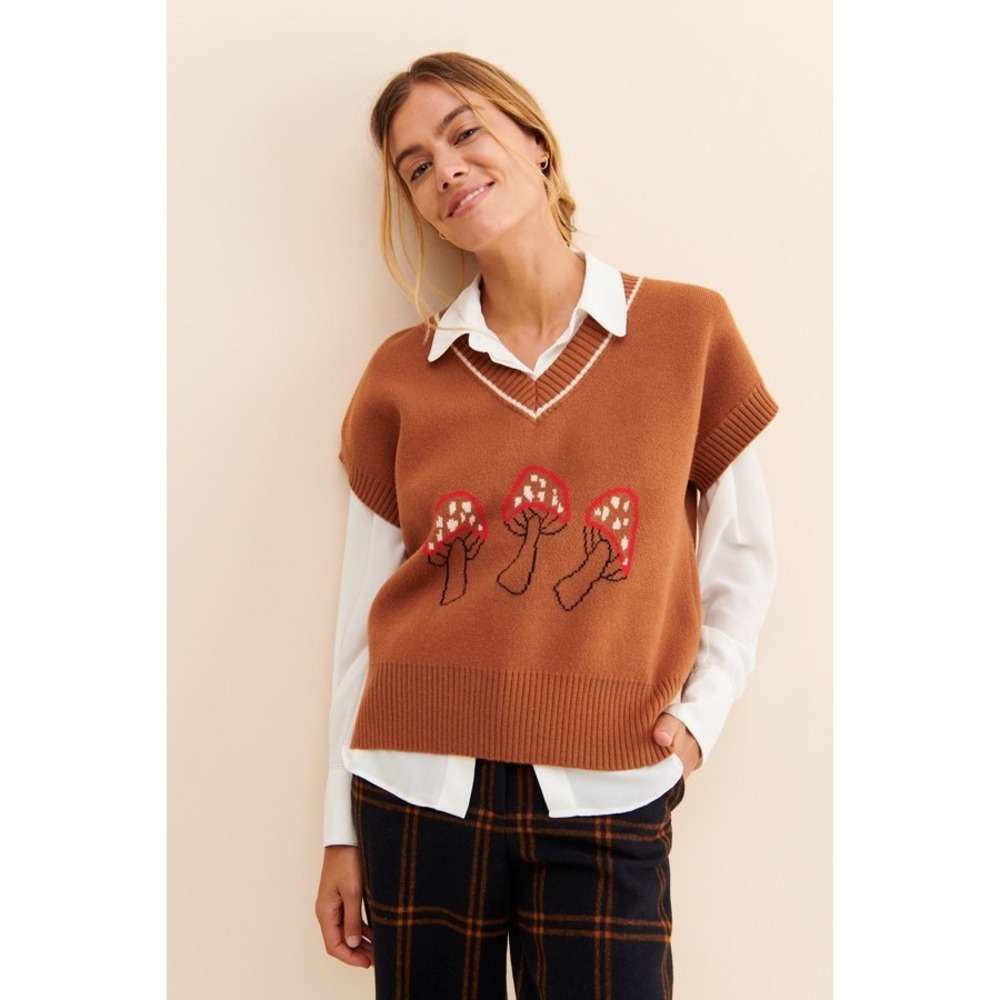 Lisa Says Gah Fangio Sweater Vest Brown Mushroom Graphic V-Neck Cap Sleeve M/L